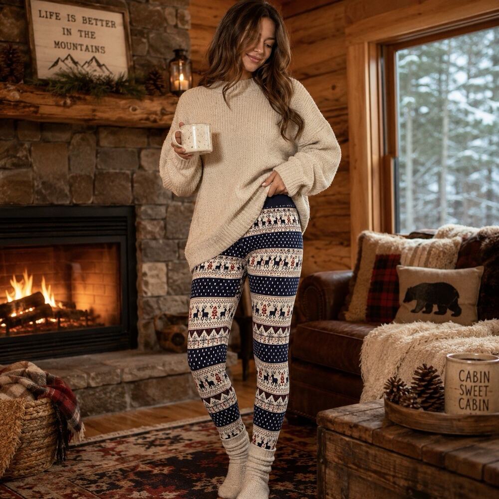 Purnell Fair Isle Reindeer Leggings XL Nordic Christmas Holiday Stretch Pants